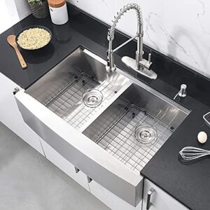 33 Inch Double Bowl Farmhouse Sink Workstation-Bokaiya 33x22 Stainless Steel Double Bowl Kitchen Sink Apron Front Sink 16 Gauge Deep 50/50 Low Divide Farm Sink with Cutting Board