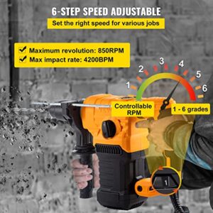 VEVOR Rotary Hammer, 1.26" SDS - Plus Hammer Drill w/ 4 Functions & 360 Degree Rotating Handle, 13A 1500W w/ 6 Step Variable Speed Adjustment 0-850RPM Hammering Machine Includes Chisels, Bits & Case