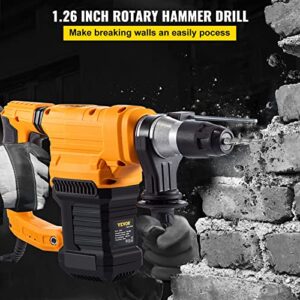 VEVOR Rotary Hammer, 1.26" SDS - Plus Hammer Drill w/ 4 Functions & 360 Degree Rotating Handle, 13A 1500W w/ 6 Step Variable Speed Adjustment 0-850RPM Hammering Machine Includes Chisels, Bits & Case