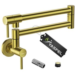 yasfel pot filler faucet brushed gold, sturdy durable pot filler wall mount, stainless steel commercial pot filler, easy to install folding kitchen sink faucets (brushed gold)