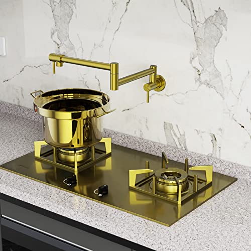 YASFEL Pot Filler Faucet Brushed Gold, Sturdy Durable Pot Filler Wall Mount, Stainless Steel Commercial Pot Filler, Easy to Install Folding Kitchen Sink Faucets (Brushed Gold)