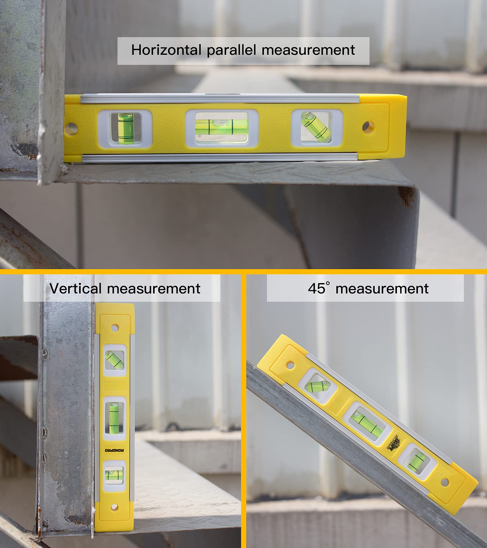 RONGPRO 9 Inch Torpedo Level, Magnetic Box Level with 45°/90°/180° Bubbles, Shock Resistant Bubble Level Tool for Measuring