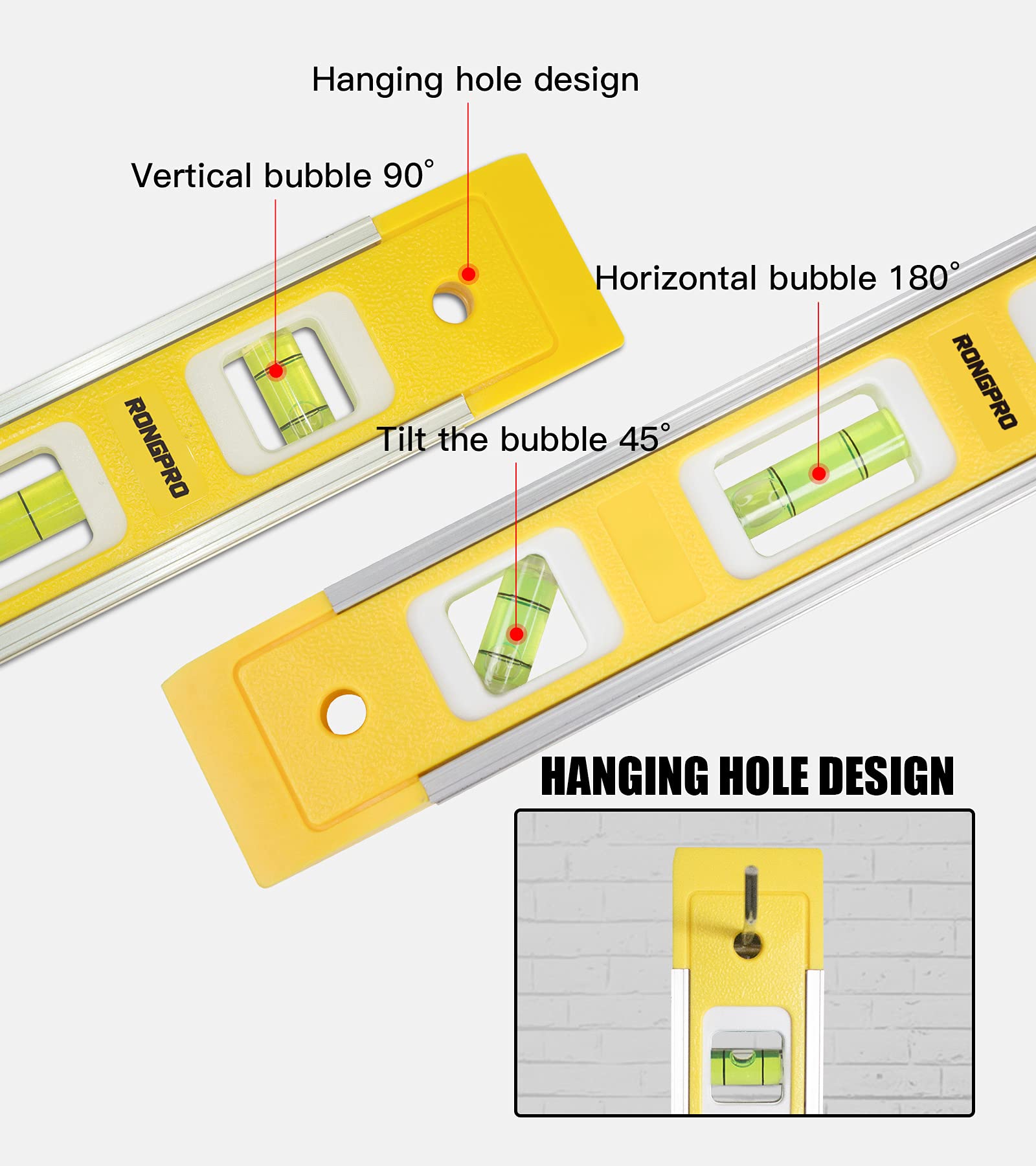 RONGPRO 9 Inch Torpedo Level, Magnetic Box Level with 45°/90°/180° Bubbles, Shock Resistant Bubble Level Tool for Measuring