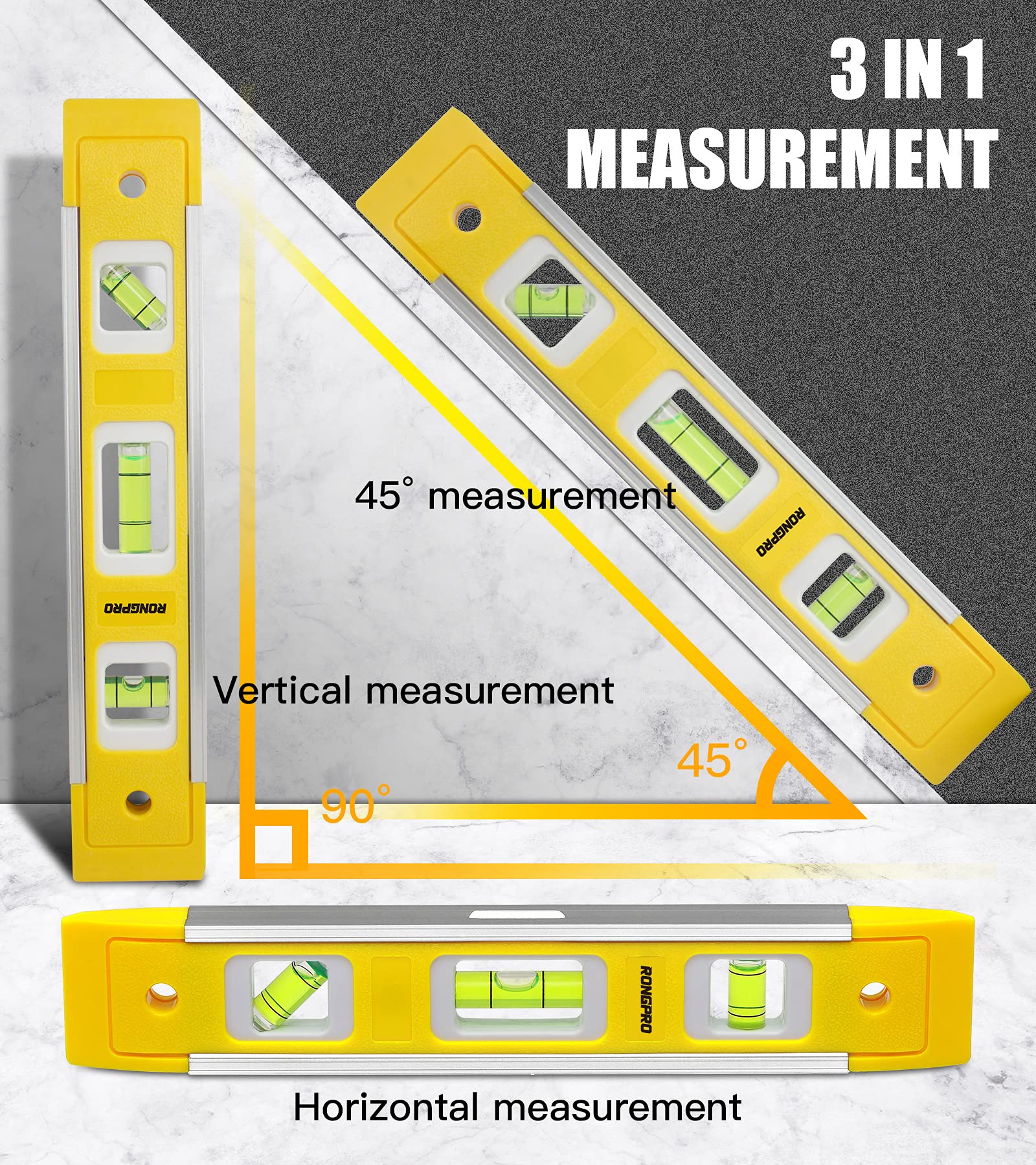 RONGPRO 9 Inch Torpedo Level, Magnetic Box Level with 45°/90°/180° Bubbles, Shock Resistant Bubble Level Tool for Measuring