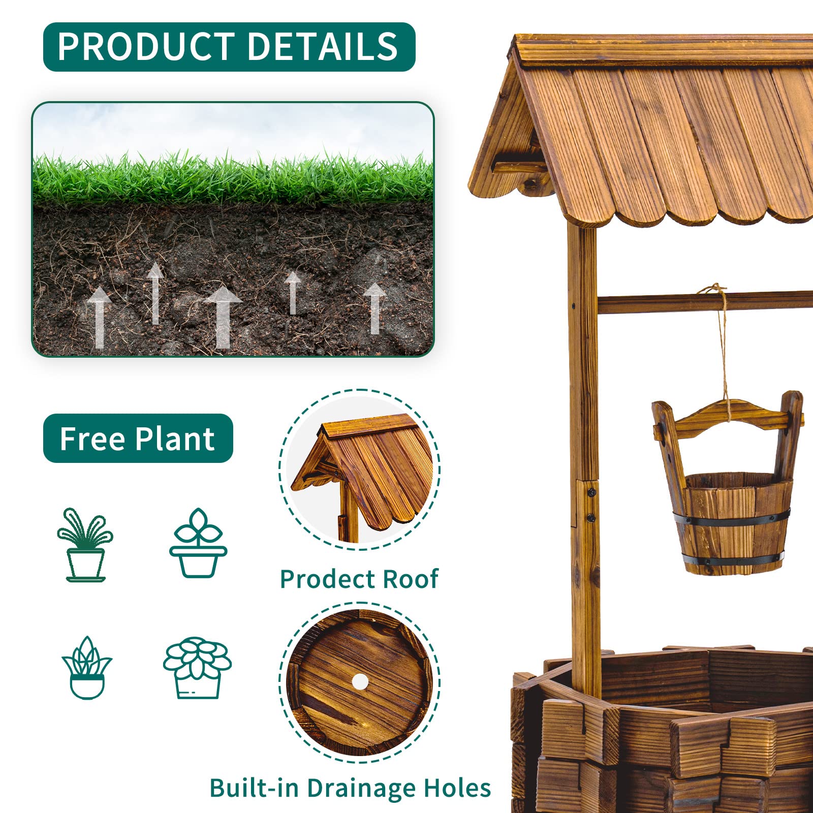 UDPATIO Wishing Well for Outdoors Planter for Plants Flowers Large Wooden Planter with Hanging Bucket, Rustic Solid Fir Wood of Decor for Garden Yard Patio Lawn Backyard Home Decor with Gloves