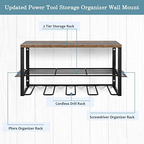Power Tool Organizer Power Tool Storage Rack Drill Holder Wall Mount Heavy Duty Floating Tool Shelf Drill Charging Station with 4 Hanging Slots for Cordless Drill Workshop Garage Organization brown