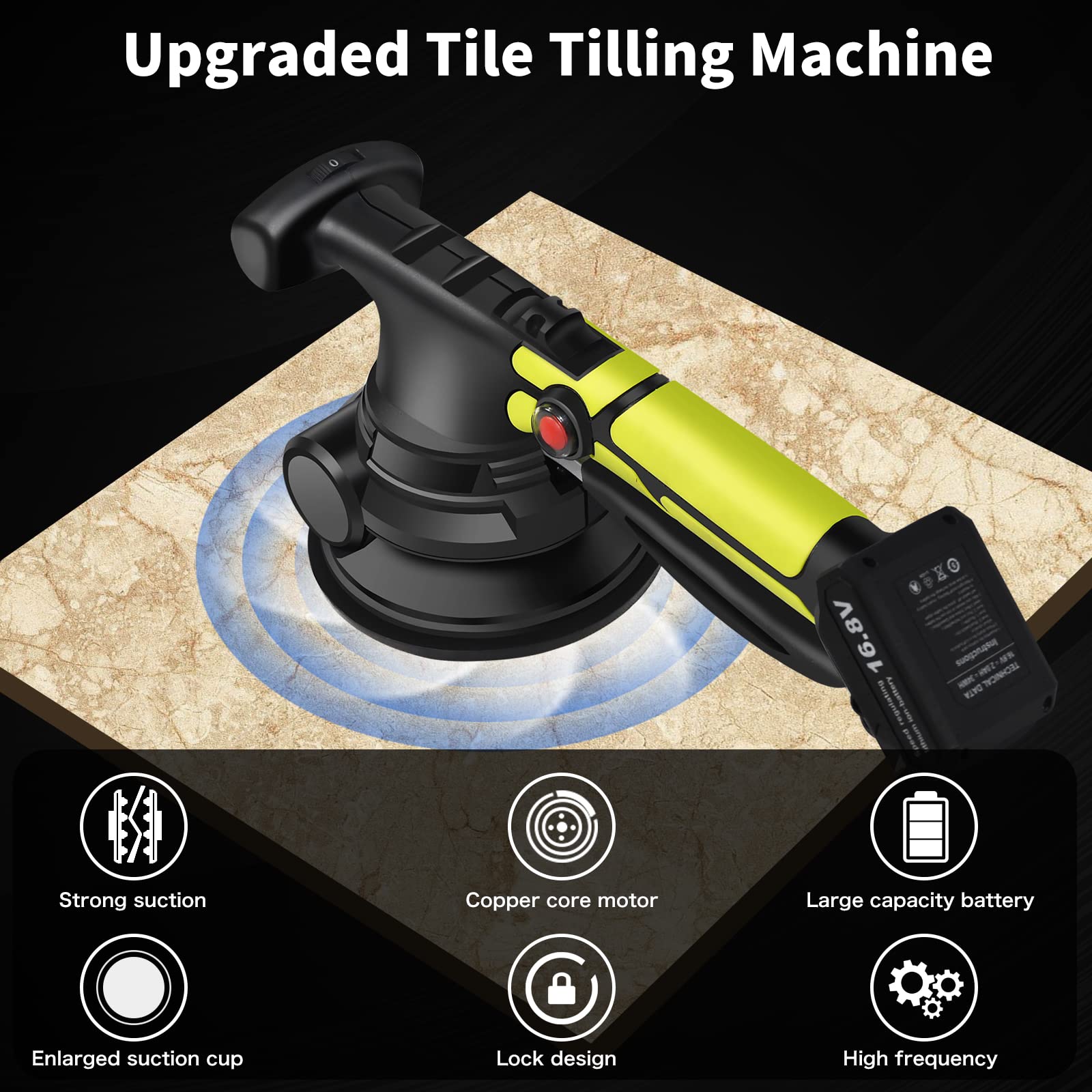 BINGENUO 2000mAh Tile Vibration Tool - 5 Gears Handheld Tile Vibrator Tiler Automatic Leveling Machine with 5.3 inch Suction Cup (2 Batteries), Angler Ruler
