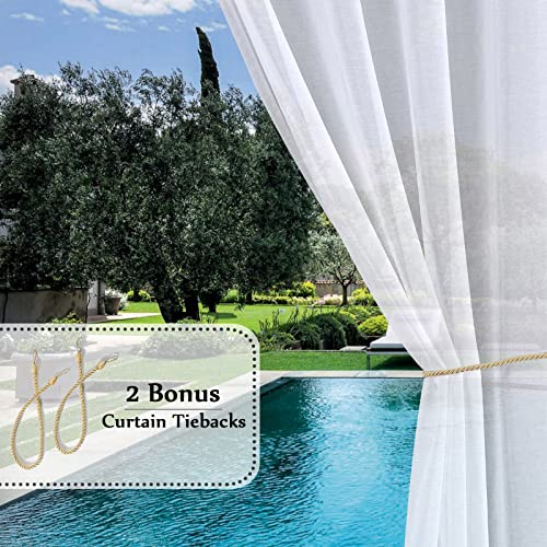 Voday (2 Panels) Waterproof Outdoor White Sheer Curtains 54x84 Inch for Patio - Rustproof Grommet Privacy Curtains with Free Tieback Rope - Light Filtering Voile Drapes for Indoor, Pergola, Porch