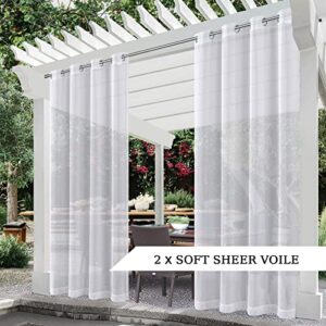 Voday (2 Panels) Waterproof Outdoor White Sheer Curtains 54x84 Inch for Patio - Rustproof Grommet Privacy Curtains with Free Tieback Rope - Light Filtering Voile Drapes for Indoor, Pergola, Porch
