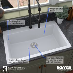 Karran QT-812 Top Mount 33 in. Large Single Bowl Quartz Kitchen Sink Kit in White