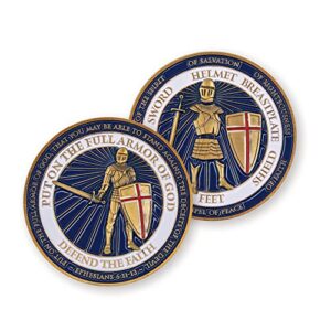 defend the faith armor of god coin, religious challenge coins for bible study & collectors, shining knight in gods armour, motivational commemorative coin, inspirational scripture token gift