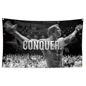 arnold schwarzenegger conquer motivational inspirational office gym wall decor flag banner，3x5 feet flag funny poster durable man cave wall flag with brass grommets this beautiful entertaining banner