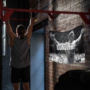 Arnold Schwarzenegger Conquer Motivational Inspirational Office Gym Wall Decor Flag Banner，3x5 Feet Flag Funny Poster Durable Man Cave Wall Flag with Brass Grommets This beautiful entertaining banner