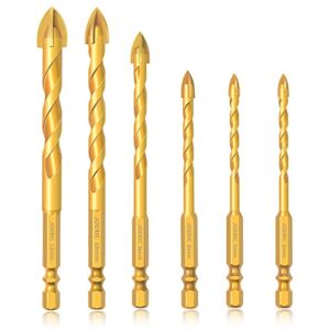 6pcs golden ceramic tile drill bits, joeric masonry drill bits set for glass, brick, tile, concrete, plastic and wood tungsten carbide tip for wall mirror and ceramic tile with size (5mm ~12mm).