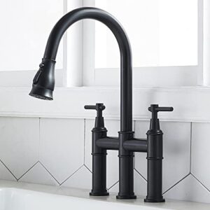 shaco black bridge kitchen faucet, 3 hole farmhouse kitchen faucet with pull down sprayer, two handle high arc 360 swivel traditional country heritage solid faucets for kitchen sinks