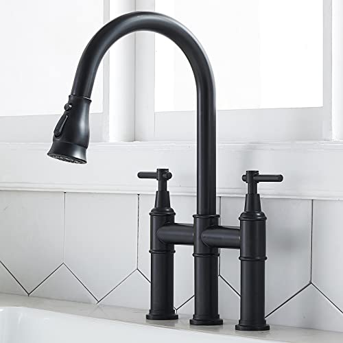 SHACO Black Bridge Kitchen Faucet, 3 Hole Farmhouse Kitchen Faucet with Pull Down Sprayer, Two Handle High Arc 360 Swivel Traditional Country Heritage Solid Faucets for Kitchen Sinks