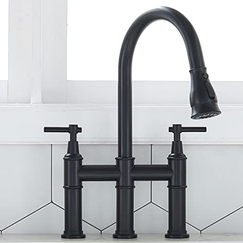 SHACO Black Bridge Kitchen Faucet, 3 Hole Farmhouse Kitchen Faucet with Pull Down Sprayer, Two Handle High Arc 360 Swivel Traditional Country Heritage Solid Faucets for Kitchen Sinks