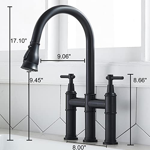 SHACO Black Bridge Kitchen Faucet, 3 Hole Farmhouse Kitchen Faucet with Pull Down Sprayer, Two Handle High Arc 360 Swivel Traditional Country Heritage Solid Faucets for Kitchen Sinks