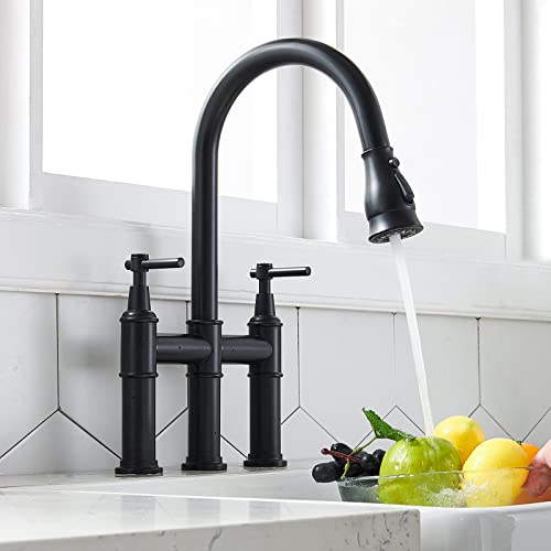 SHACO Black Bridge Kitchen Faucet, 3 Hole Farmhouse Kitchen Faucet with Pull Down Sprayer, Two Handle High Arc 360 Swivel Traditional Country Heritage Solid Faucets for Kitchen Sinks