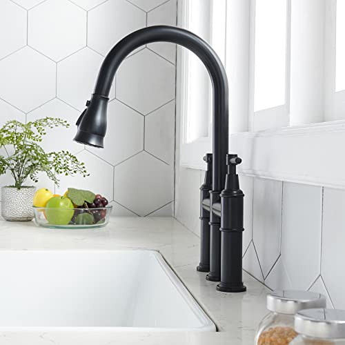 SHACO Black Bridge Kitchen Faucet, 3 Hole Farmhouse Kitchen Faucet with Pull Down Sprayer, Two Handle High Arc 360 Swivel Traditional Country Heritage Solid Faucets for Kitchen Sinks