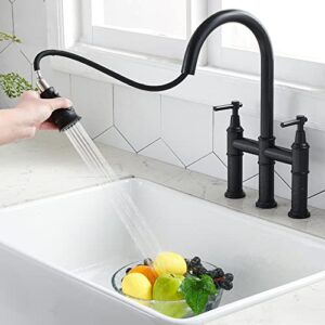 SHACO Black Bridge Kitchen Faucet, 3 Hole Farmhouse Kitchen Faucet with Pull Down Sprayer, Two Handle High Arc 360 Swivel Traditional Country Heritage Solid Faucets for Kitchen Sinks