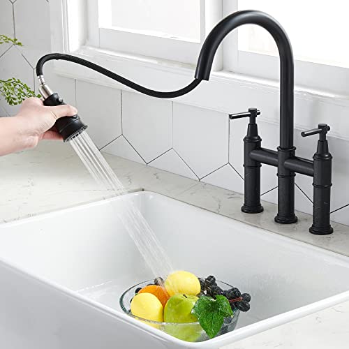 SHACO Black Bridge Kitchen Faucet, 3 Hole Farmhouse Kitchen Faucet with Pull Down Sprayer, Two Handle High Arc 360 Swivel Traditional Country Heritage Solid Faucets for Kitchen Sinks