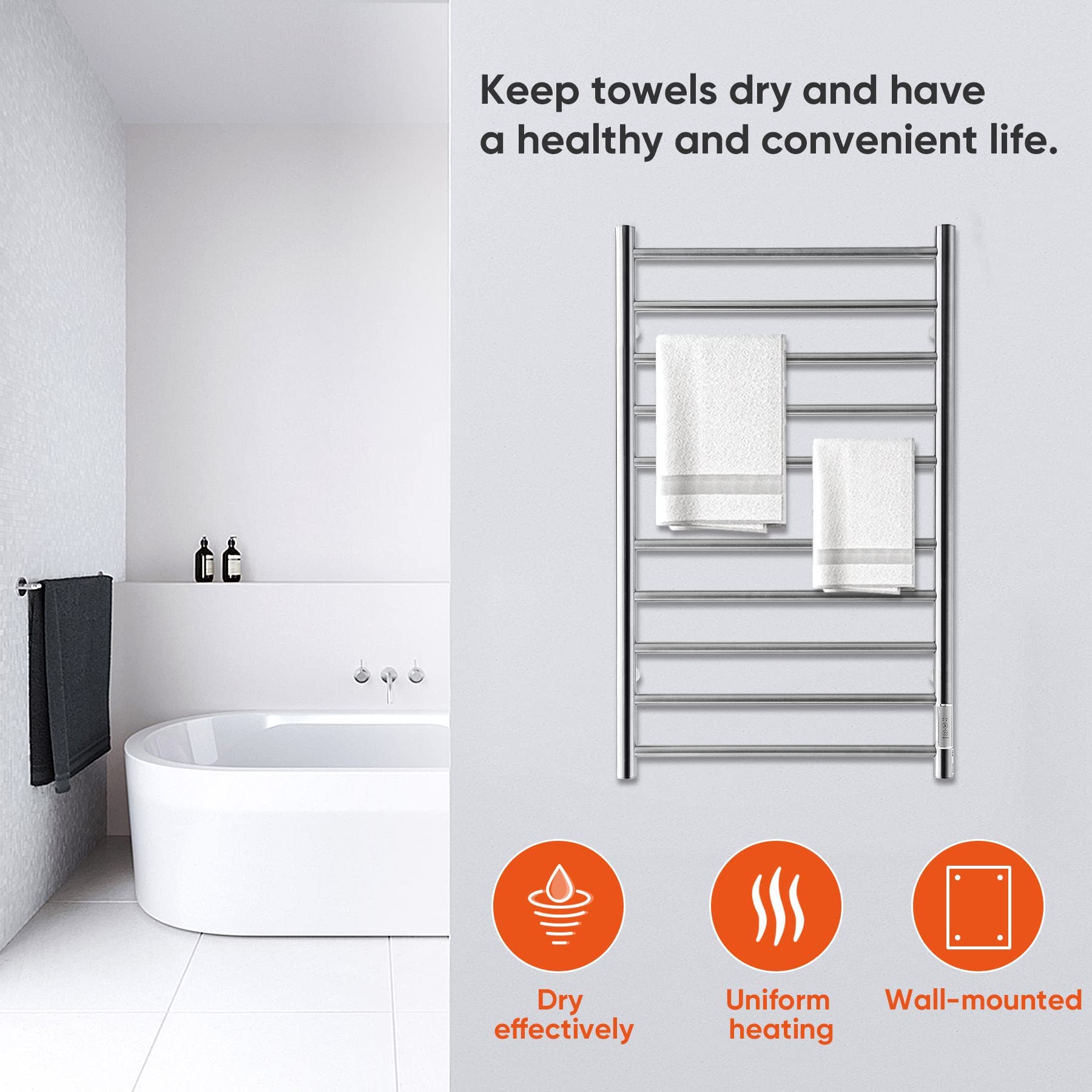 REECOO Towel Warmer Wall-Mounted Electric Towel Racks for Bathroom with Timer, Plug-in and Hardwired Options 24H Thermostatic Stainless Steel Drying Heated Towel Rack Suitable for Homes, Hotels