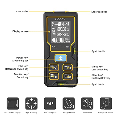 Laser Measure, MOOCK 229Ft/70M Laser Tape Measure Digital Laser Measurement Tool Laser Distance Measure, 2 Bubble Levels, LCD Backlit, M/in/Ft Unit, Measure Distance, Area, Volume, Pythagorean