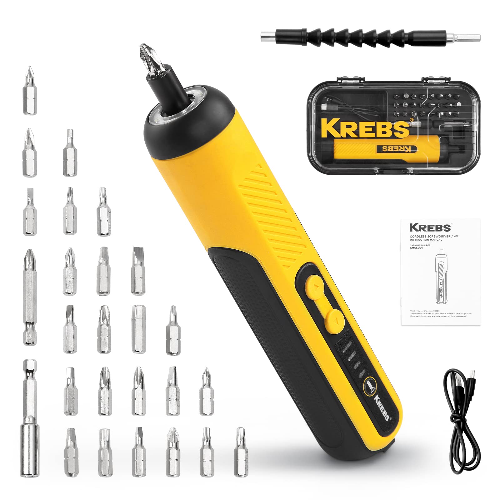 KREBS 4V Electric Screwdriver, Cordless Screwdriver Kit, 5Nm with 25 pieces Electric Screwdriver Bits Kit, 1500mAh, LED Flashlights, Bit Holders and Storage box, Power Screwdriver