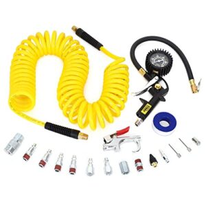 ynair 18 pieces air compressor accessories kit, 1/4 in x 25 ft recoil poly air compressor hose kit, 1/4" npt quick connect air fittings, 100 psi tire inflator gauge, blow gun, couplers and plugs