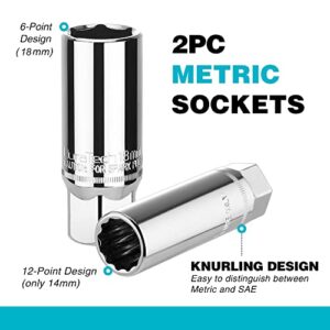 DURATECH 3/8-inch Drive Spark Plug Socket Set, SAE & Metric, 5/8-inch, 3/4-inch, 13/16-inch, 14mm, 18mm, Heat Treated CR-V Steel Sockets with Rubber Retaining Rings, 5-Piece Set