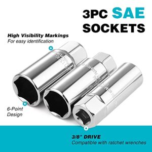 DURATECH 3/8-inch Drive Spark Plug Socket Set, SAE & Metric, 5/8-inch, 3/4-inch, 13/16-inch, 14mm, 18mm, Heat Treated CR-V Steel Sockets with Rubber Retaining Rings, 5-Piece Set