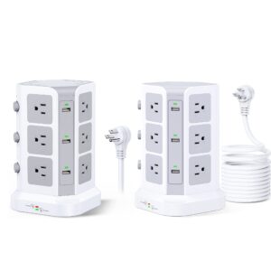 surge protector power strip tower 16.4 ft + 6.5 ft, [1500 joules] 12 widely spaced ac outlets with 6 usb ports charging station white