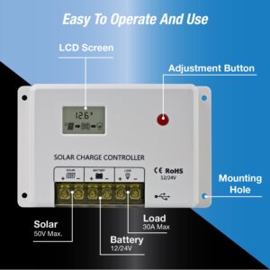 ExpertPower 30A 12/24V Intelligent PWM Solar Charge Controller with Adjustable Parameter LCD Display, Dual USB Ports, for AGM, Gel, LiFePO4