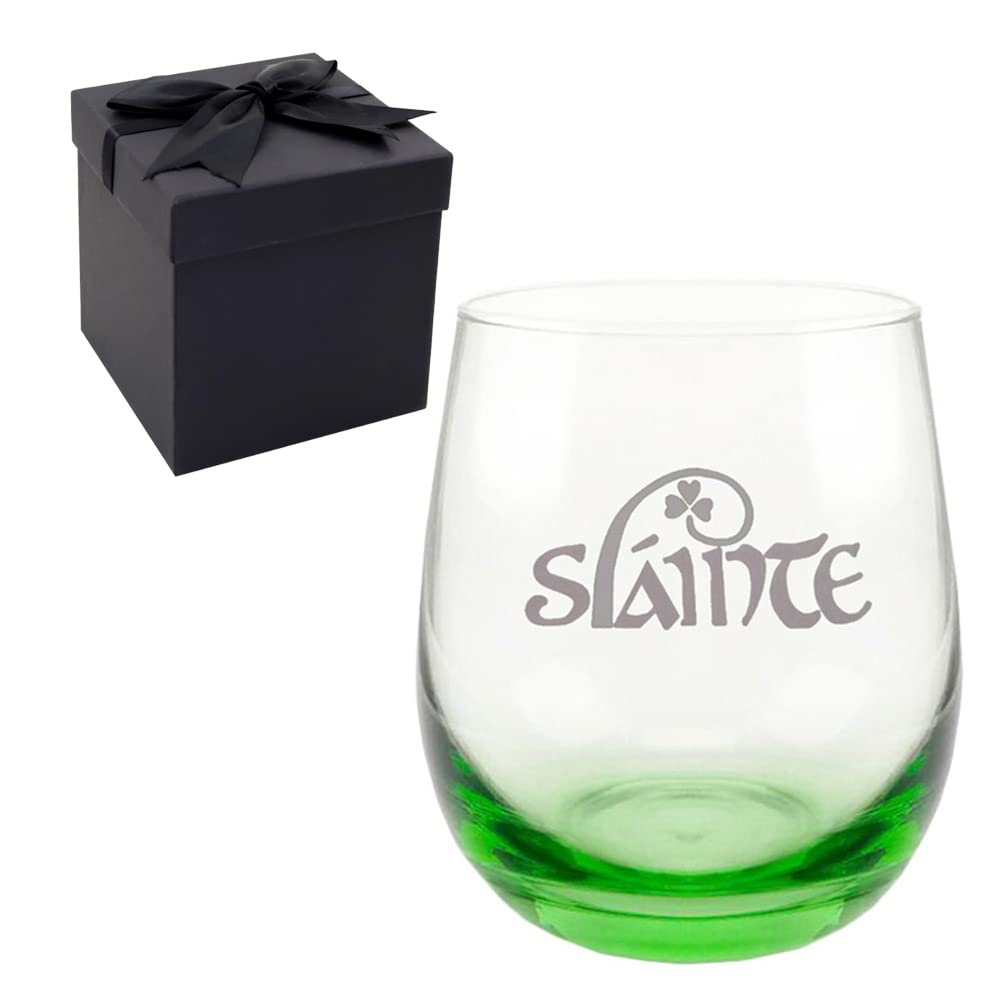 Gifts for Irish Men, Slainte Irish Cheers Green Engraved Stemless Green Whisky Tumbler St Patrick's Day Gifts Ideas