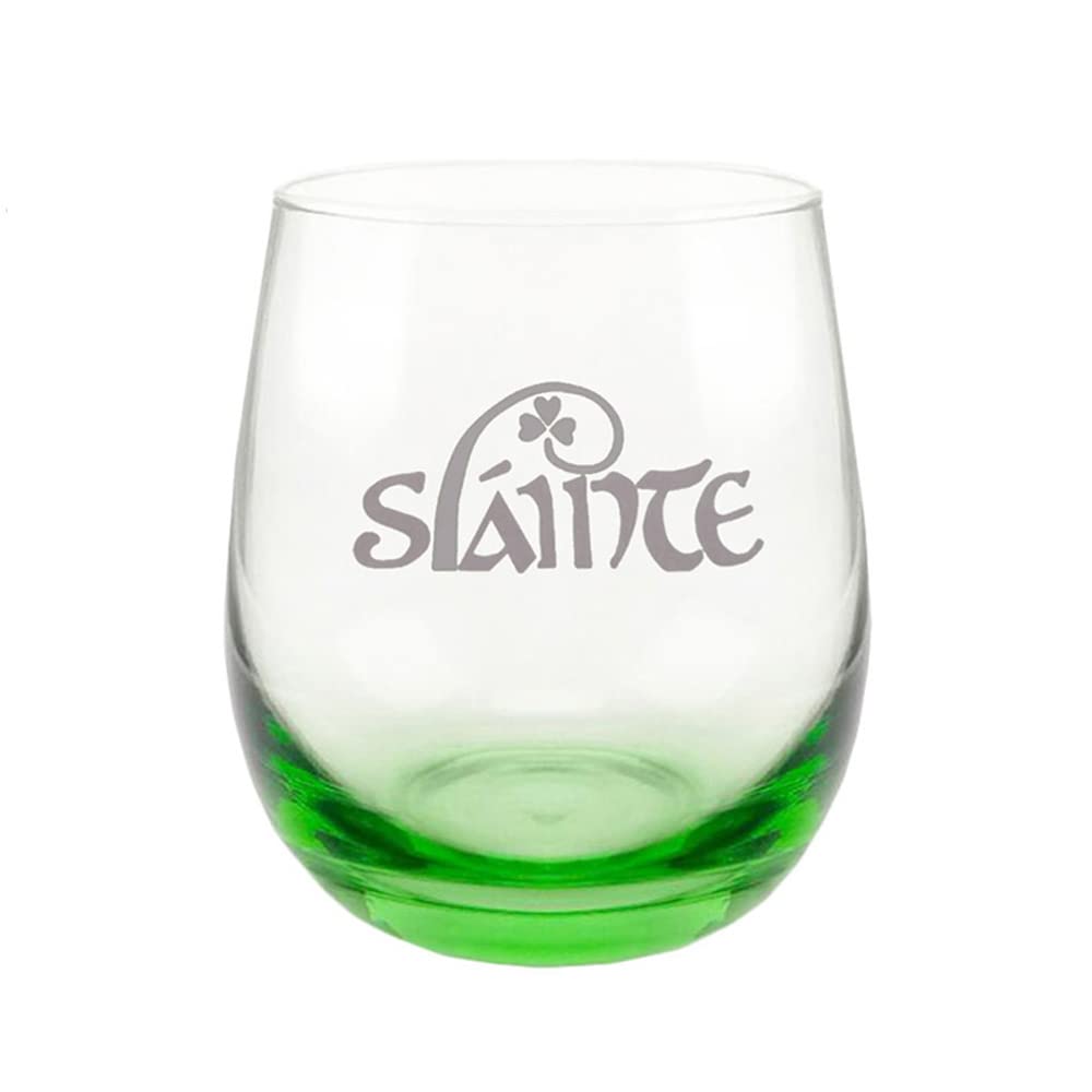 Gifts for Irish Men, Slainte Irish Cheers Green Engraved Stemless Green Whisky Tumbler St Patrick's Day Gifts Ideas