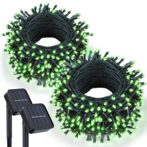 kemooie 2 pack of 240 led solar green christmas lights, 8 twinkle lights modes waterproof solar powered fairy lights, outdoor solar string lights for garden patio tree yard decorations (green)