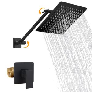 hoimpro adjustable extension shower arm shower system with 8 inch rain shower head wall mounted shower kit, bathroom rainfall shower faucet fixture combo set with rough-in valve body, matte black