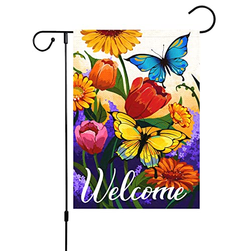 Louise Maelys Welcome Spring Floral Garden Flag 12x18 Double Sided, Burlap Small Vertical Spring Summer Butterfly Garden Yard Flags for Seasonal Outside Outdoor House Decoration (ONLY FLAG)