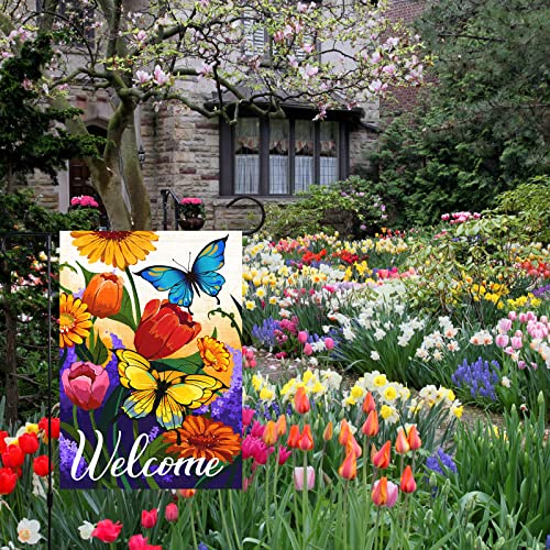 Louise Maelys Welcome Spring Floral Garden Flag 12x18 Double Sided, Burlap Small Vertical Spring Summer Butterfly Garden Yard Flags for Seasonal Outside Outdoor House Decoration (ONLY FLAG)