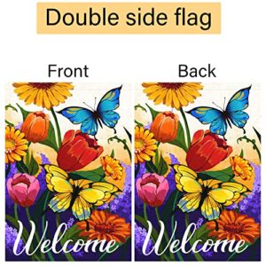 Louise Maelys Welcome Spring Floral Garden Flag 12x18 Double Sided, Burlap Small Vertical Spring Summer Butterfly Garden Yard Flags for Seasonal Outside Outdoor House Decoration (ONLY FLAG)