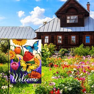 Louise Maelys Welcome Spring Floral Garden Flag 12x18 Double Sided, Burlap Small Vertical Spring Summer Butterfly Garden Yard Flags for Seasonal Outside Outdoor House Decoration (ONLY FLAG)