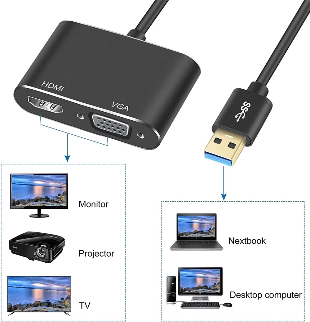 USB 3.0 to HDMI &VGA Display Adapter HD 1080P Video Converter for Laptop Notebook Computer Windows 7/8/10