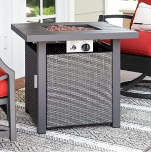 28" propane gas fire pit table 50,000 btu square propane small patio auto-ignition with aluminum tabletop and weather cover for indoor outside patio and garden, backyard, included accessories-grey