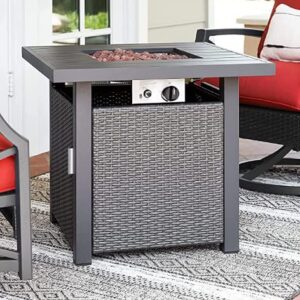 28" Propane Gas Fire Pit Table 50,000 BTU Square Propane Small Patio Auto-Ignition with Aluminum Tabletop and Weather Cover for Indoor Outside Patio and Garden, Backyard, Included Accessories-Grey