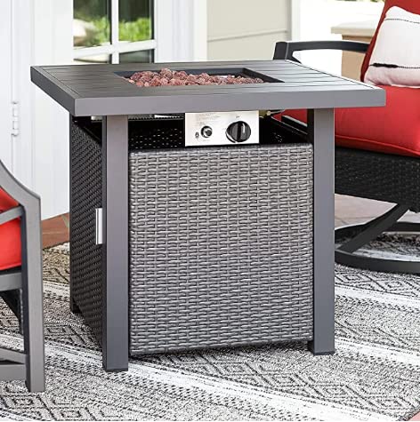 28" Propane Gas Fire Pit Table 50,000 BTU Square Propane Small Patio Auto-Ignition with Aluminum Tabletop and Weather Cover for Indoor Outside Patio and Garden, Backyard, Included Accessories-Grey