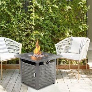 28" Propane Gas Fire Pit Table 50,000 BTU Square Propane Small Patio Auto-Ignition with Aluminum Tabletop and Weather Cover for Indoor Outside Patio and Garden, Backyard, Included Accessories-Grey