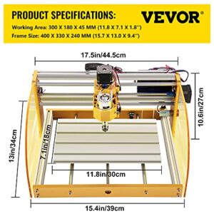 VEVOR CNC Router Machine, 3018 w/GRBL Offline Control, Limit Switches & Emergency-Stop, PCB PVC Wood leather Engraving Machine, Dustproof Safe Acrylic Baffle, XYZ Working Area 300 x 180 x 45mm