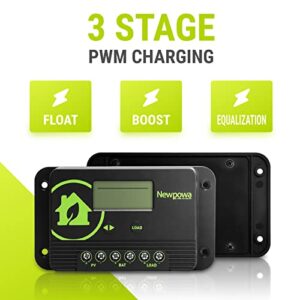 Newpowa 10A PWM Solar Charge Controller 12V/24V Compact Design LCD Display Off Grid Solar Panel Adjustablefor AGM, Gel, Flooded and Lithium Battery