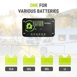 Newpowa 10A PWM Solar Charge Controller 12V/24V Compact Design LCD Display Off Grid Solar Panel Adjustablefor AGM, Gel, Flooded and Lithium Battery